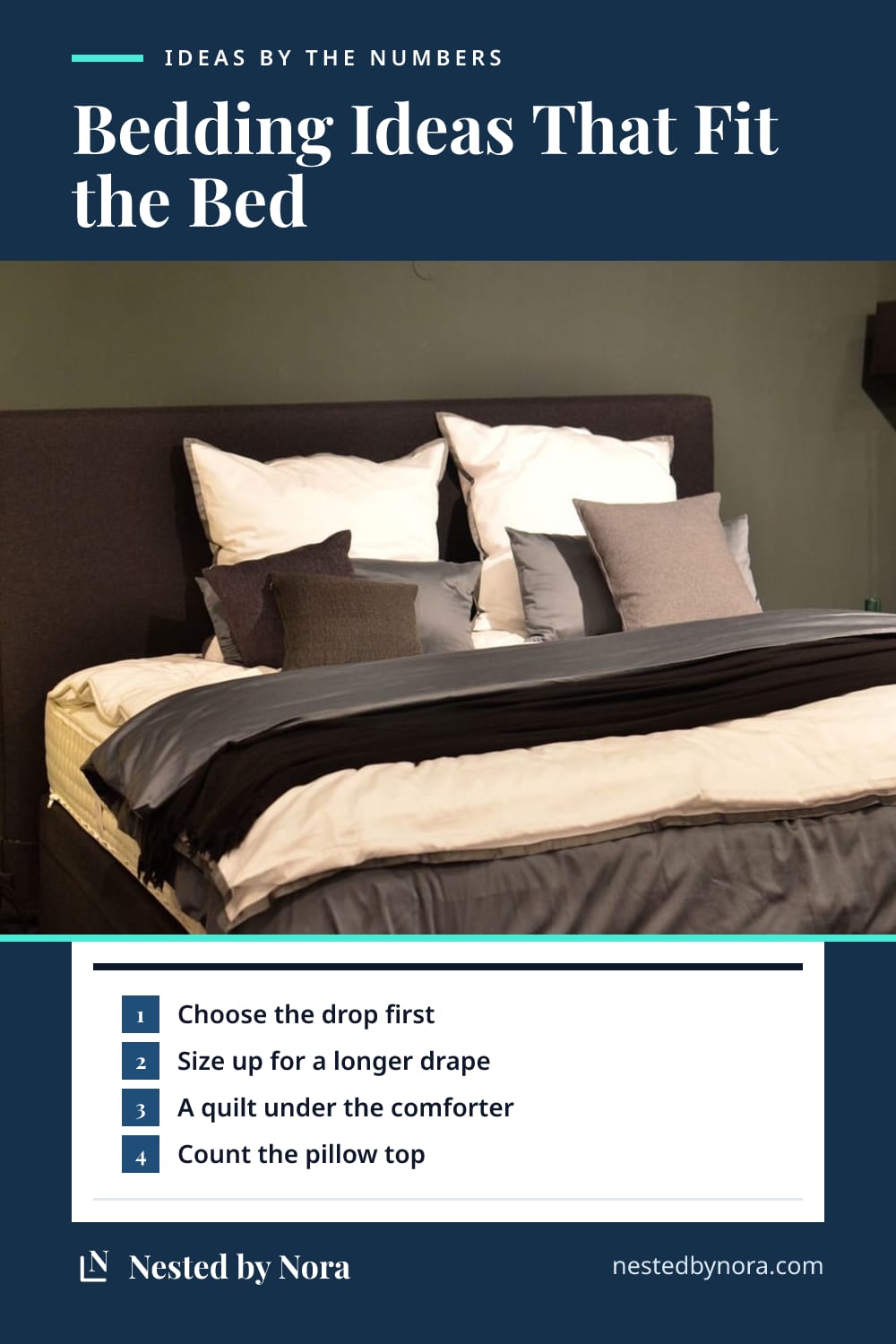 Pin: a numbered list of bedding ideas over a photo of a layered bed with a white duvet, a dark throw and rows of pillows