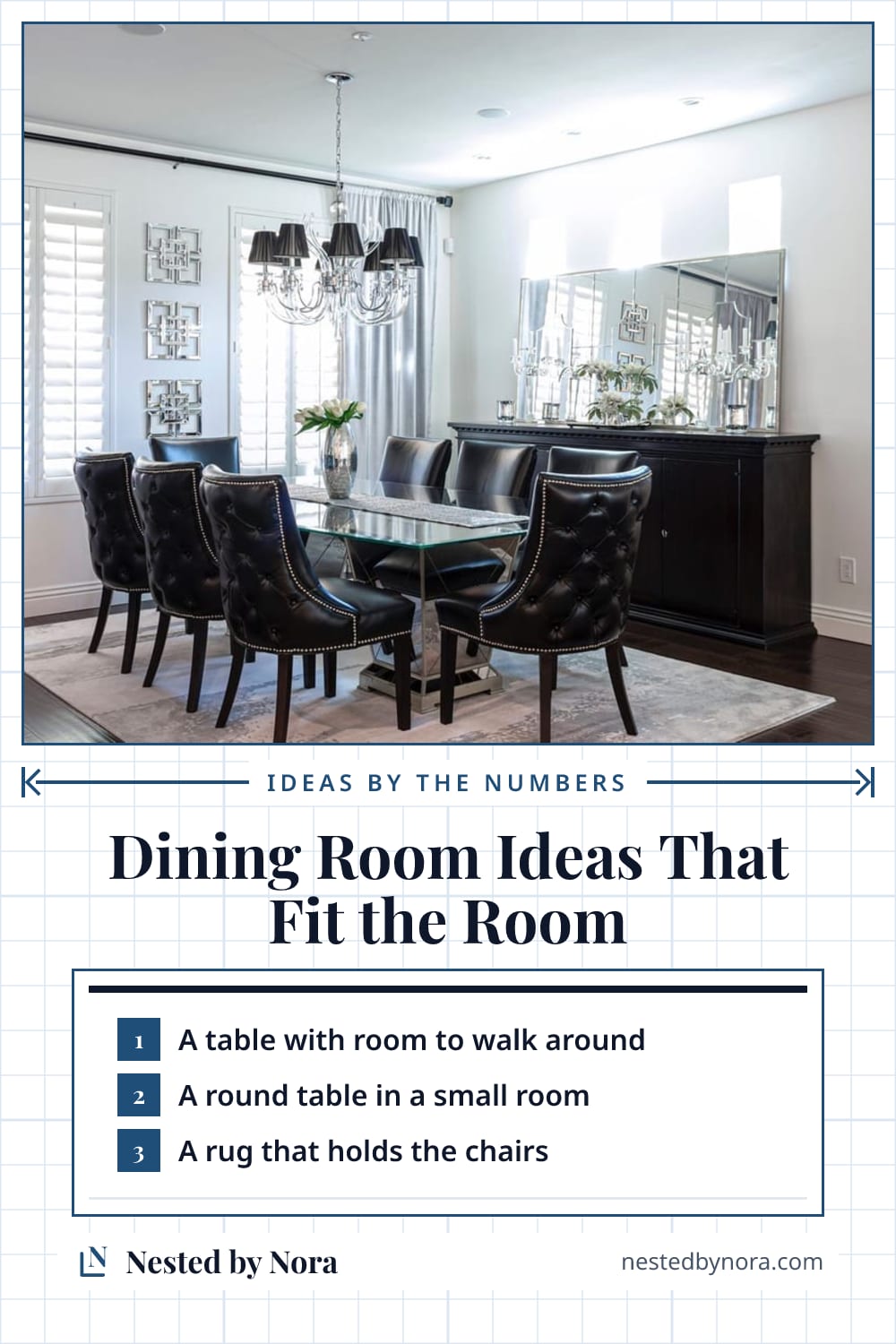 Pin: a numbered list of dining room ideas over a photo of a glass dining table under a chandelier