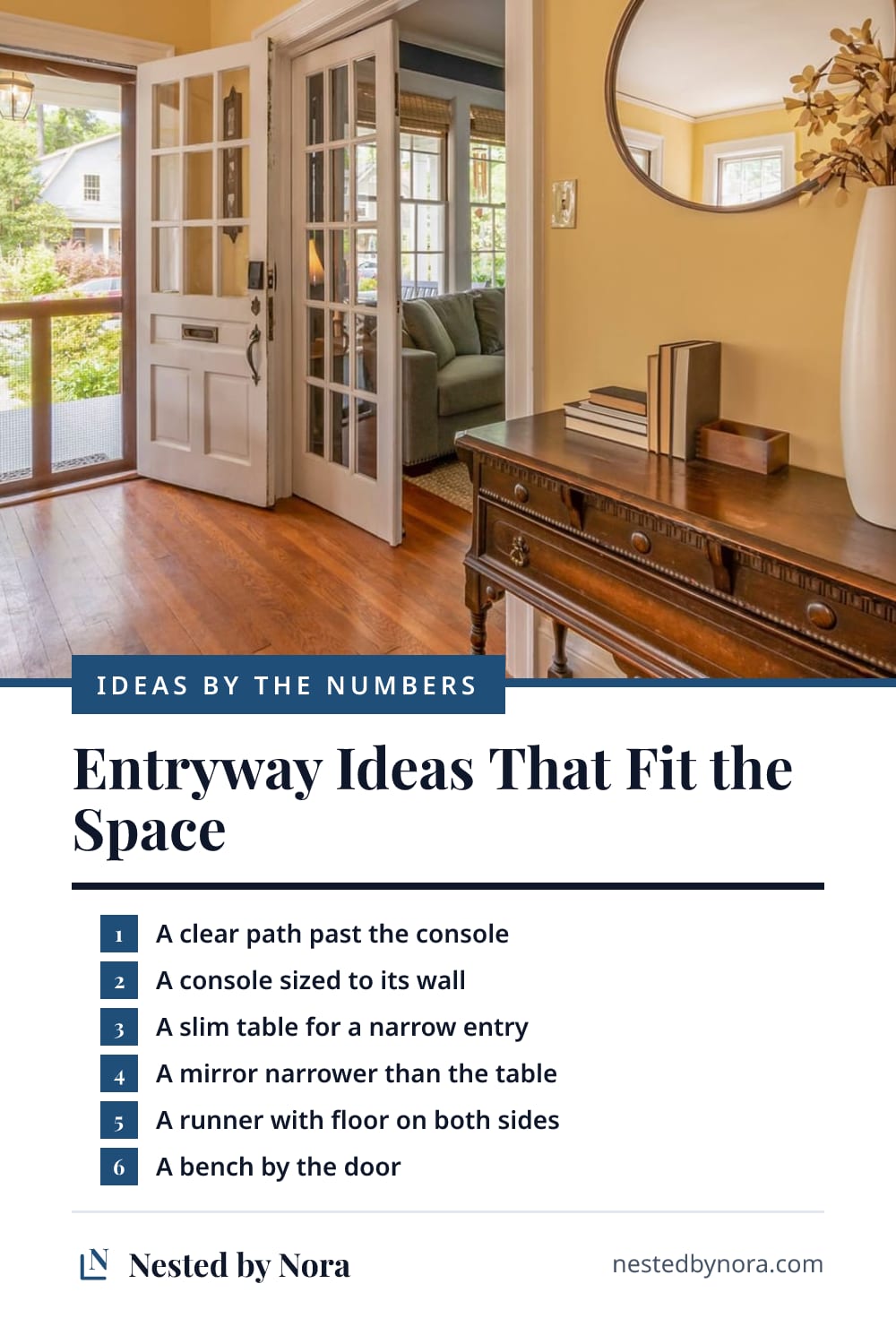 Pin: a numbered list of entryway ideas over a photo of a wood console and a round mirror beside an open front door