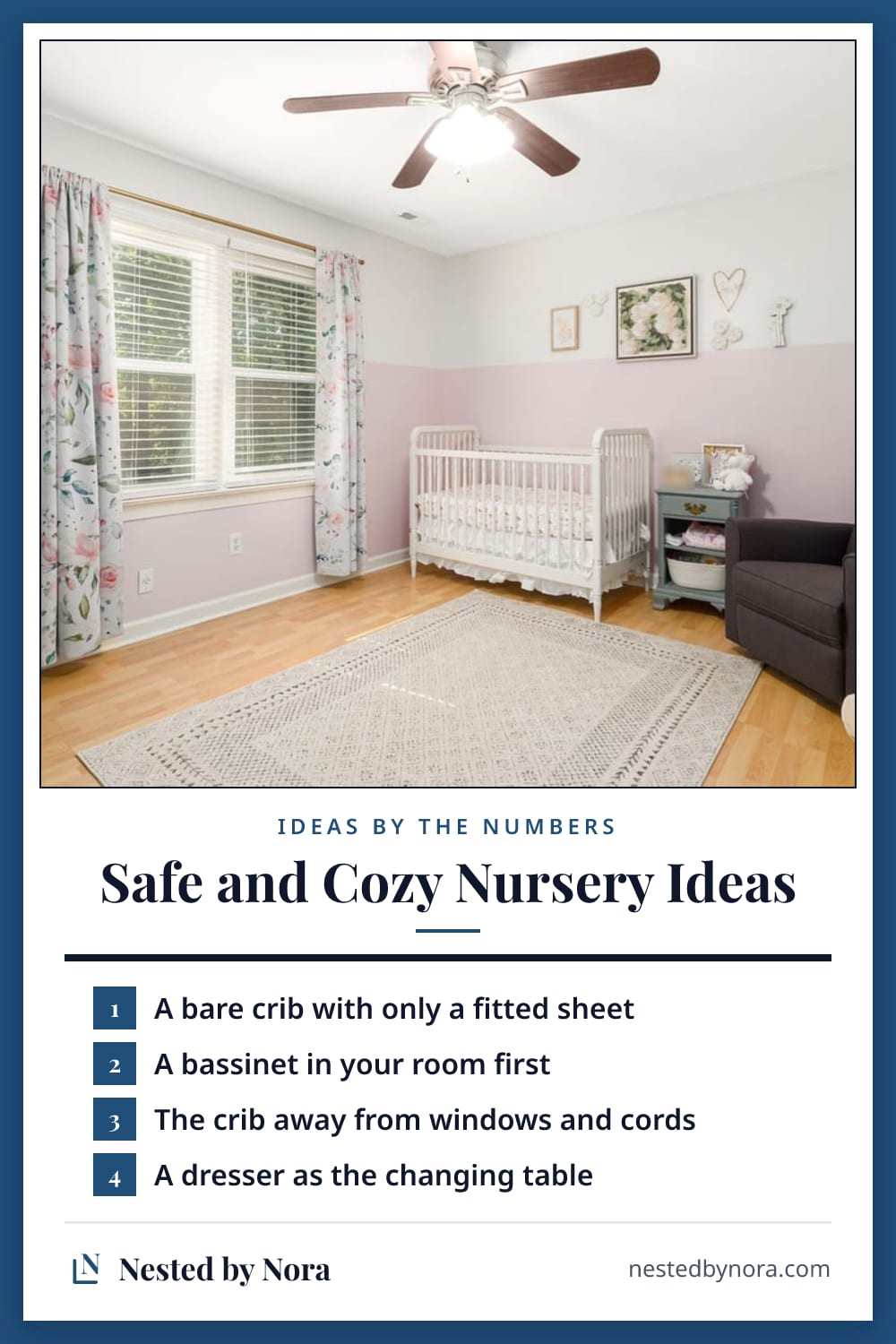Pin: a numbered list of nursery ideas over a photo of a nursery with a bare white crib, a glider and a rug