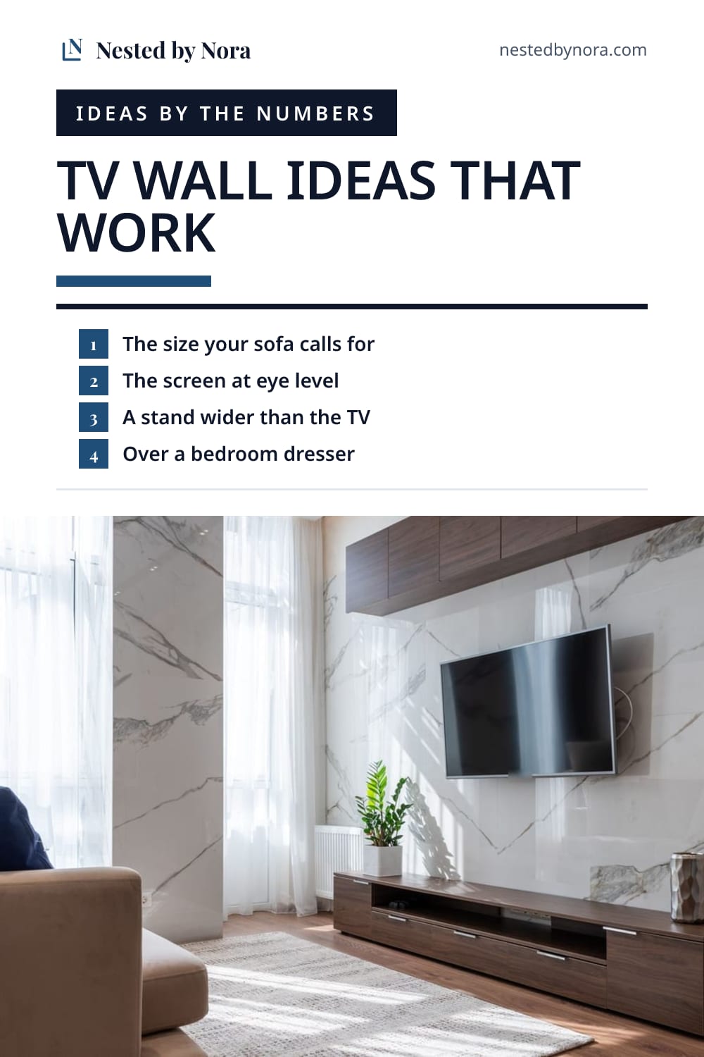 Pin: a numbered list of TV wall ideas over a photo of a TV on a marble wall above a long wood console