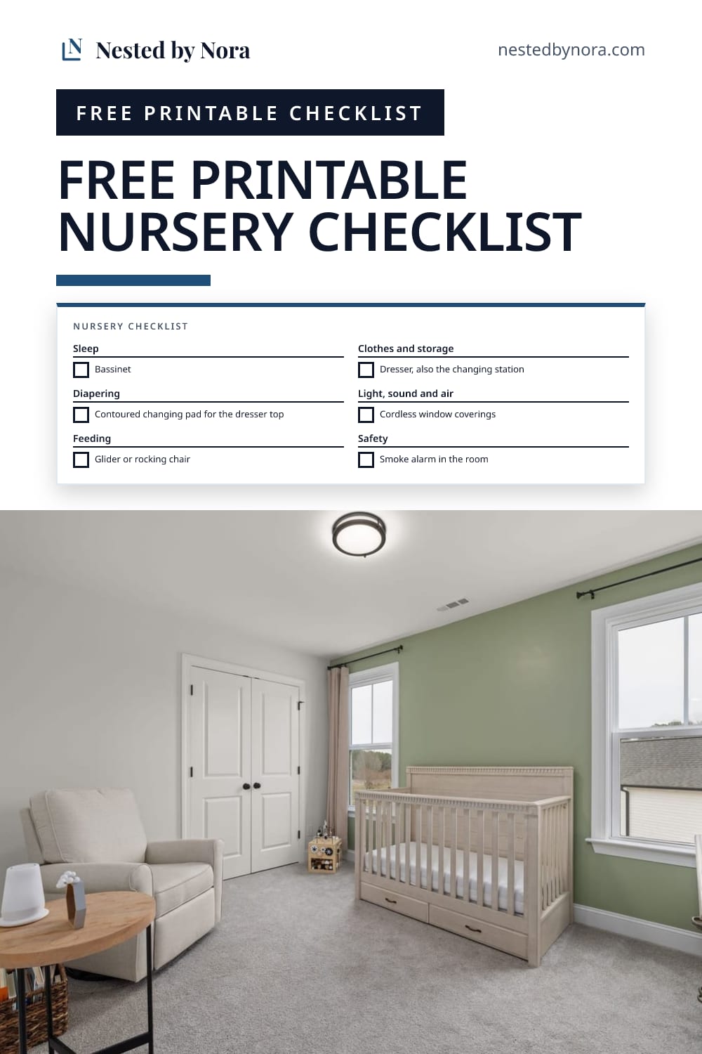Pin: a printable nursery checklist with boxes to tick for sleep, diapering, feeding, storage, light and safety