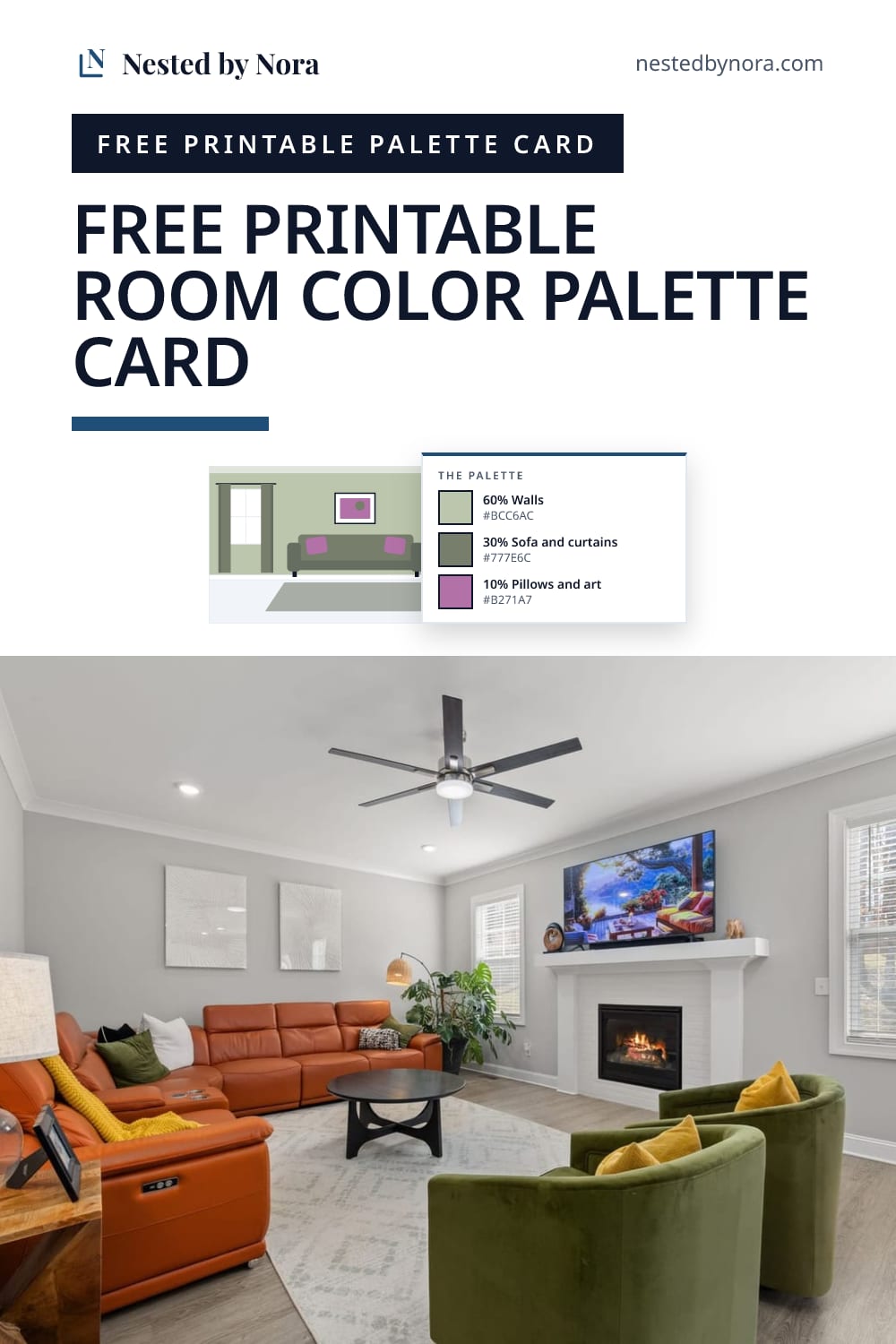 Pin: a living room sketch in sage green, gray-green and mauve, with the palette card from the Nested by Nora generator