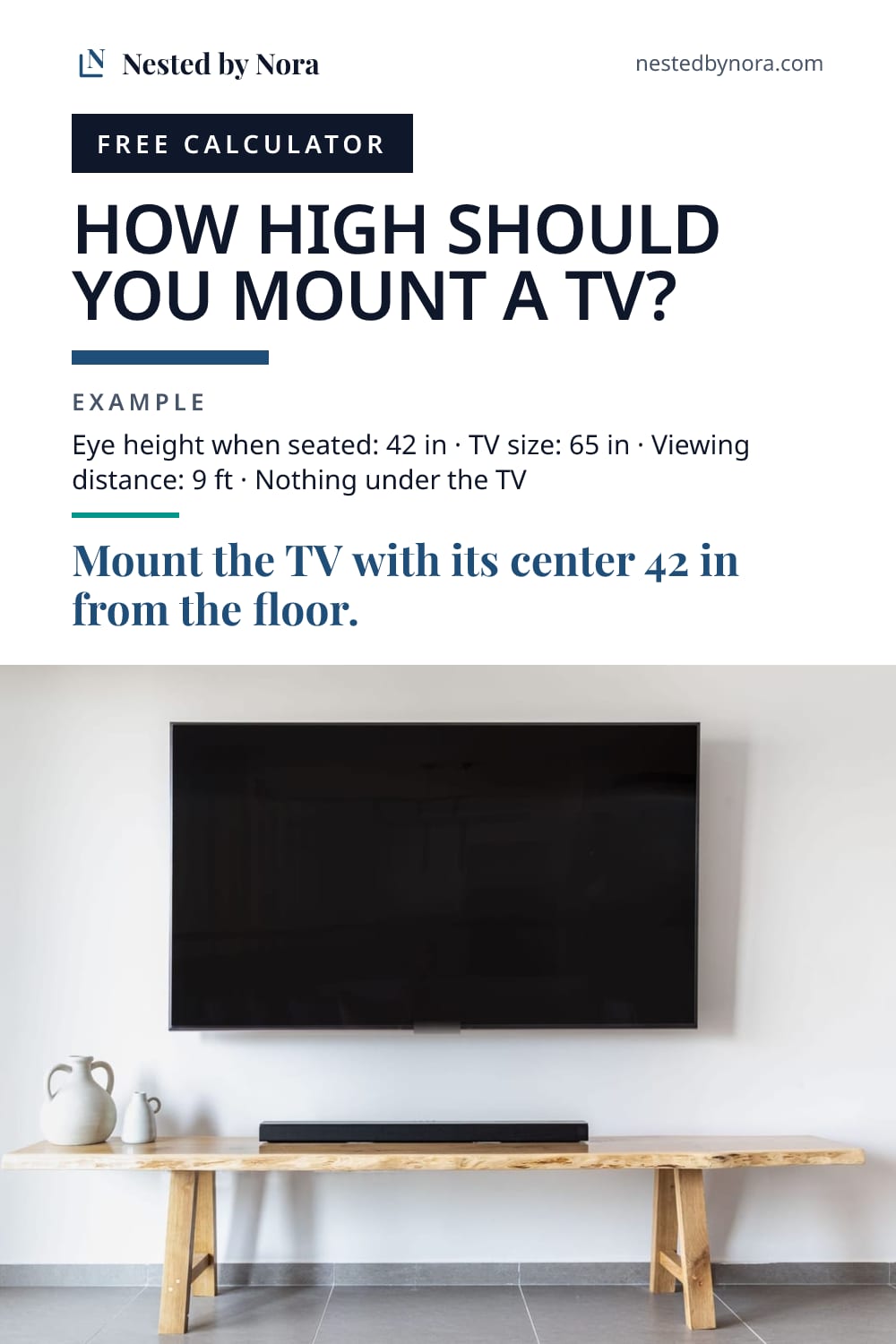 Pin: How high should you mount a TV? A worked example from the Nested by Nora TV mounting height calculator